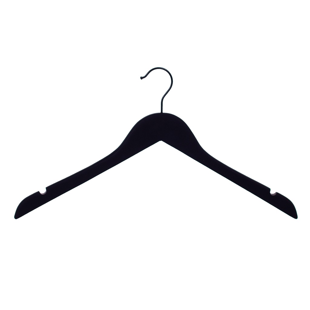 BINK - Schwarzer Soft-Touch-Kleiderbügel für Bluse/Hemd, 44 cm Breite, schwarzer Haken – 50 Stück pro Karton.