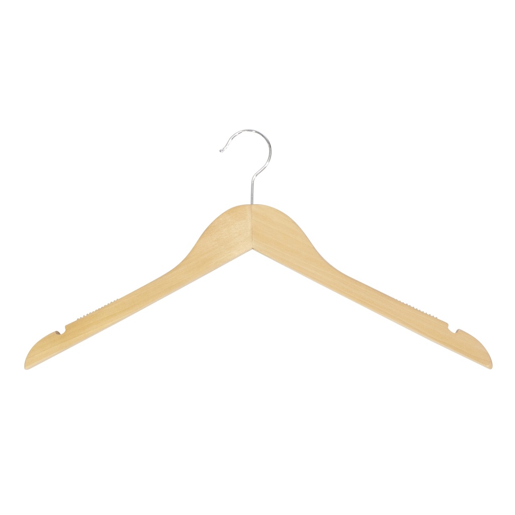 BINK - Percha de madera de loto con acabado natural barnizado para ropa de mujeres y hombres, con antideslizante, 44 cm de ancho, gancho brillante - caja de 100 unidades.