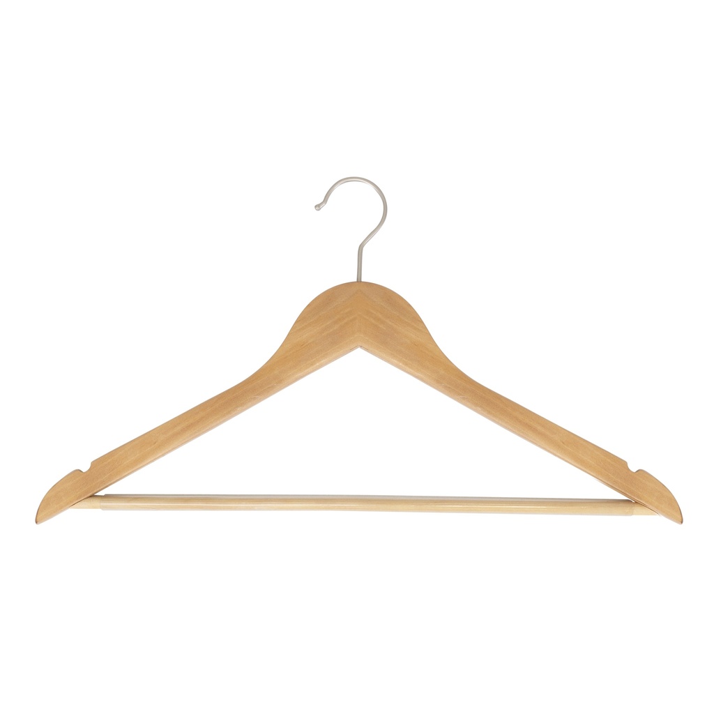BINK - Kledinghanger met anti slip broeklat lotushout naturel gelakt voor dames en heren kledij, 44 cm breedte, matte haak - doos van 100 st