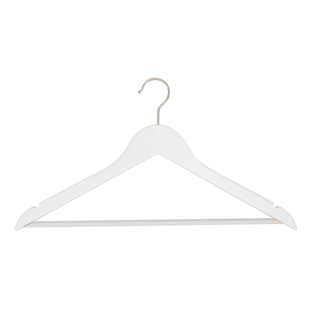 BINK - White clothes hanger with anti-slip trouser bar for adult clothes, lotus wood, white matt finish, 44 cm, matt hook - box of 100 pcs