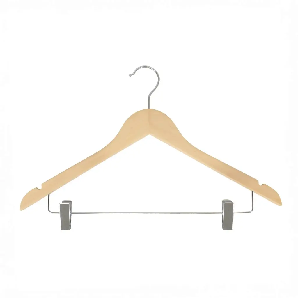 BINK - Percha con clips de madera de loto con acabado natural lacado para ropa de mujer y hombre, ancho de 44 cm, gancho brillante - caja de 100 unidades.