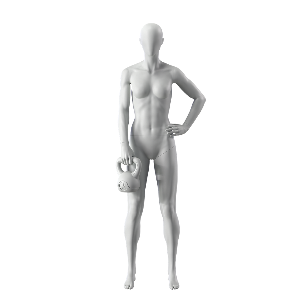 BINK - Mannequin sportif de fitness kettlebell, femme, gris, tête abstraite, pose debout 11
