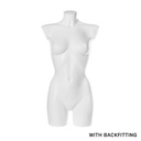 Torso femenino de plástico, copa B, plástico blanco reciclable, con conexión trasera, postura 2005DB_WH.