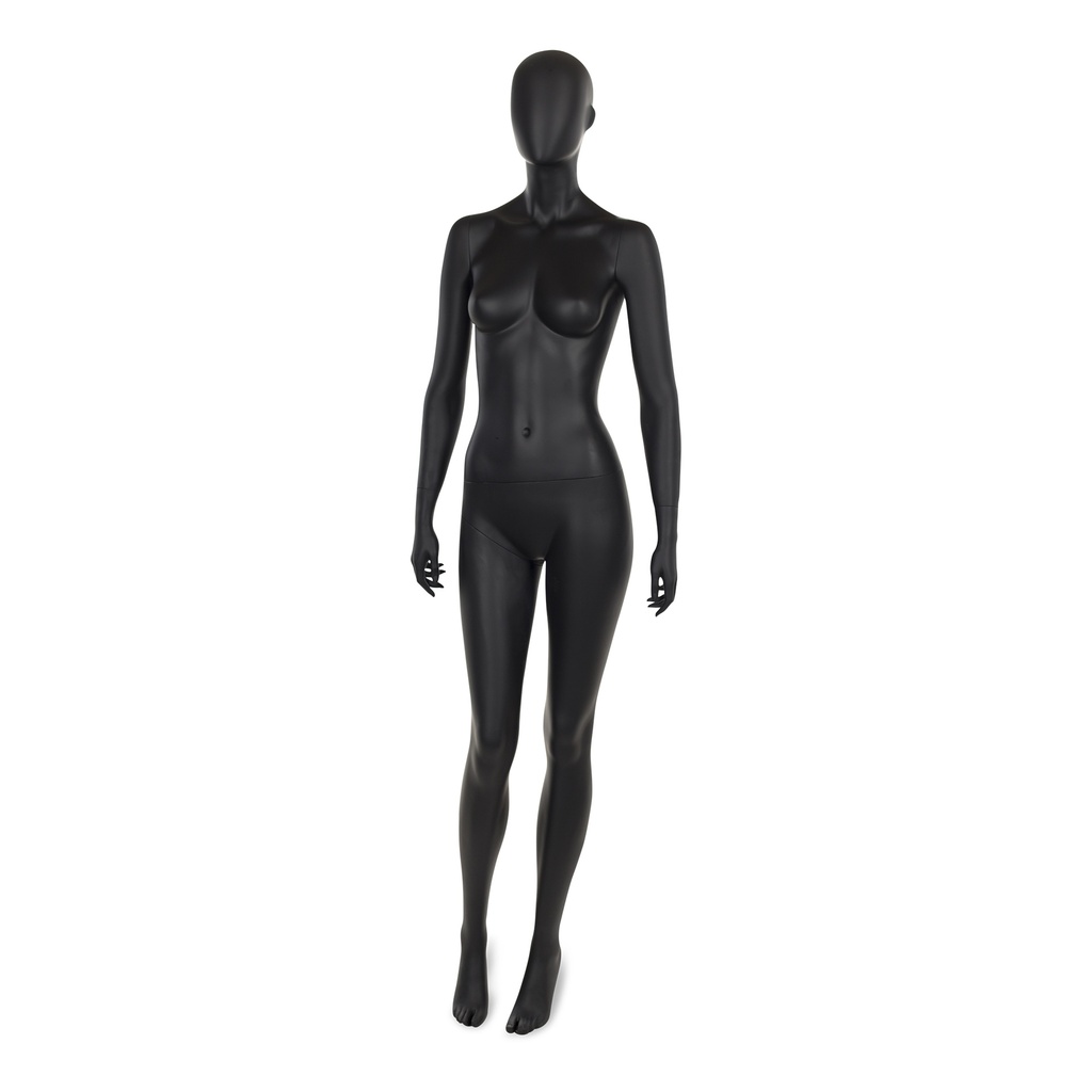 BINK - Mannequin de vitrine femme noir, avec tête abstraite, socle rond en verre, pose 8