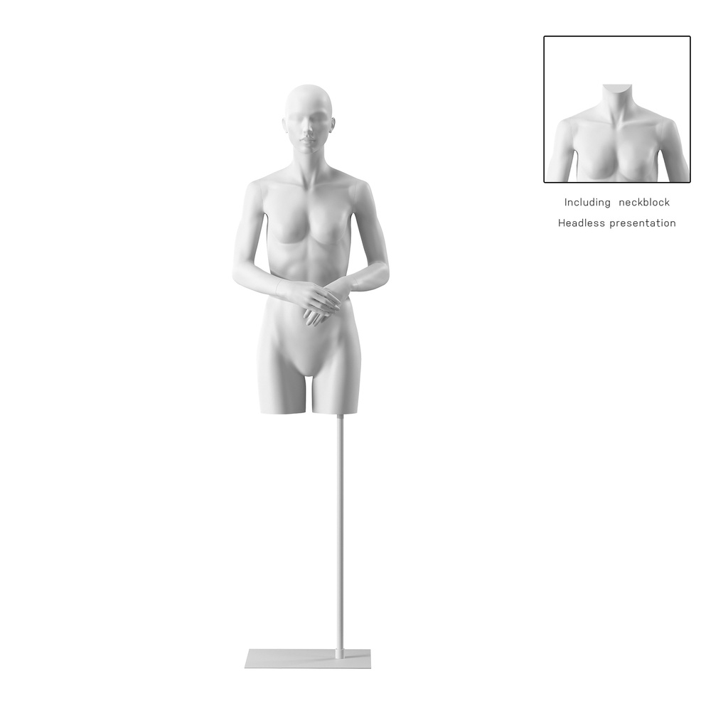 BINK - Witte damestorso met armen, abstract hoofd, witte lange sokkel, pose 002