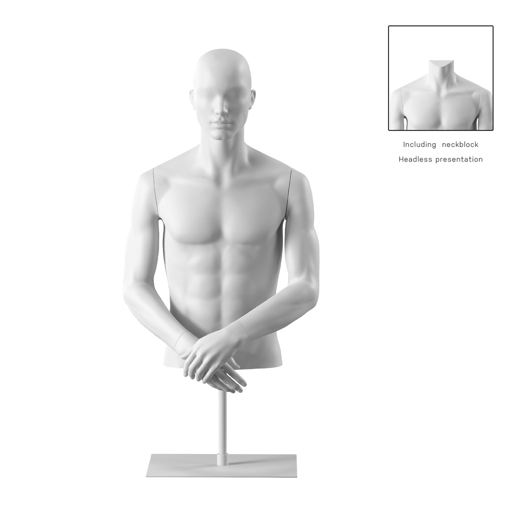 BINK - Witte herenbuste met armen, abstract hoofd, witte korte sokkel, pose 152