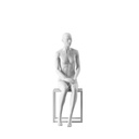 White female mannequin, abstract head with nose and mouth, round glass base, pose 004