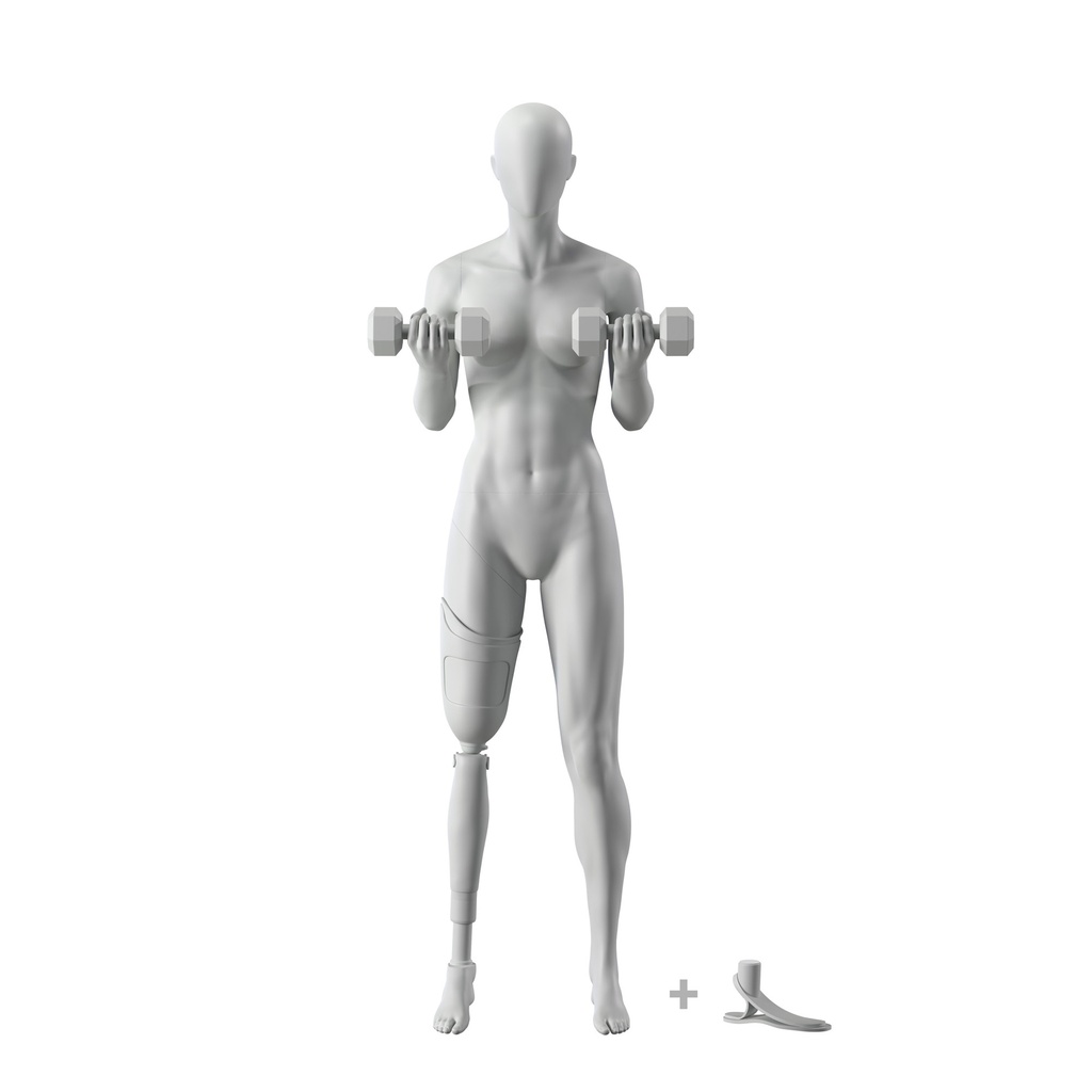 BINK - Fitness Schaufensterpuppe Dame mit Prothesenbein, grau, abstrakter Kopf, stehende Pose 112