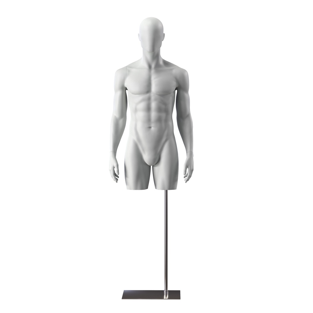 BINK - Busto de maniquí deportivo hombre con piernas, gris, base de metal, cabeza abstracta, postura 501