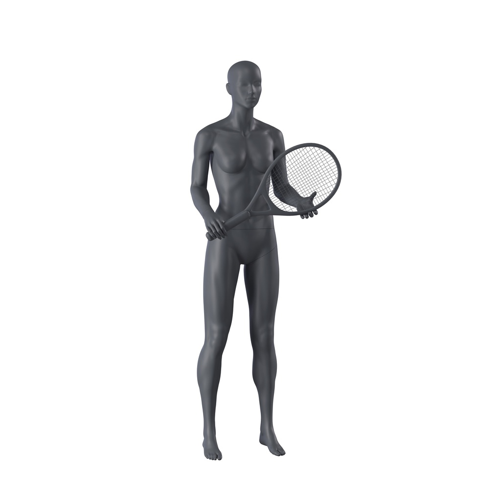 BINK - Maniquí femenino deportivo de tenis, gris grafito, cabeza estilizada, postura de pie 02