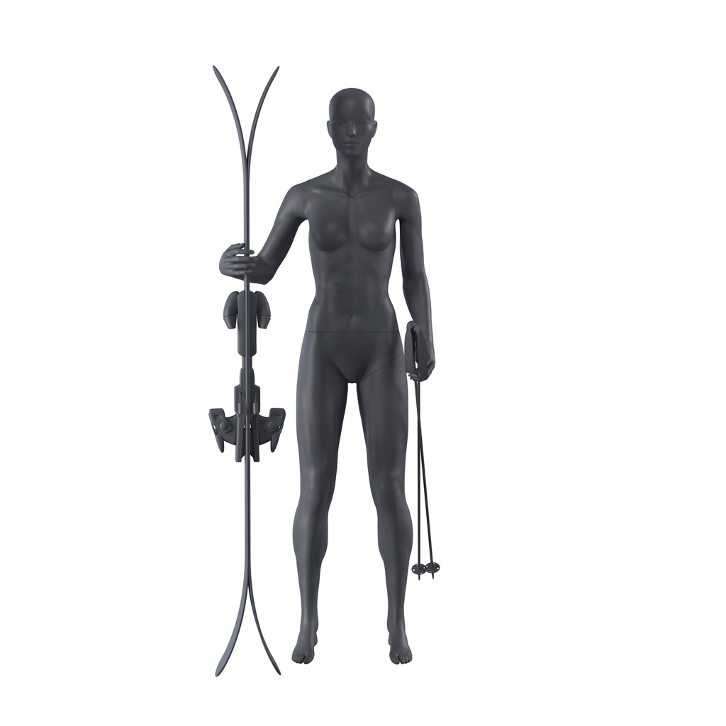 BINK - Ski sport dames mannequin, grafiet grijs, gestilleerd hoofd, staande pose 10 