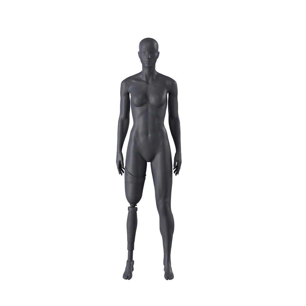 BINK - Sport dames mannequin met beenprothese, grafiet grijs, gestilleerd hoofd, staande pose 101