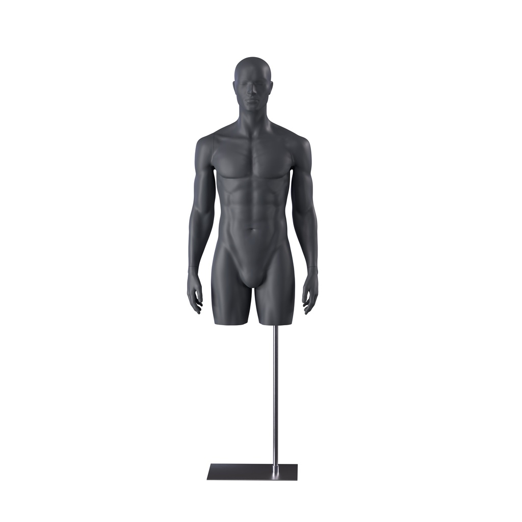 BINK - Busto de maniquí deportivo hombre con piernas, gris grafito, gris, base de metal, cabeza estilizada, postura 501