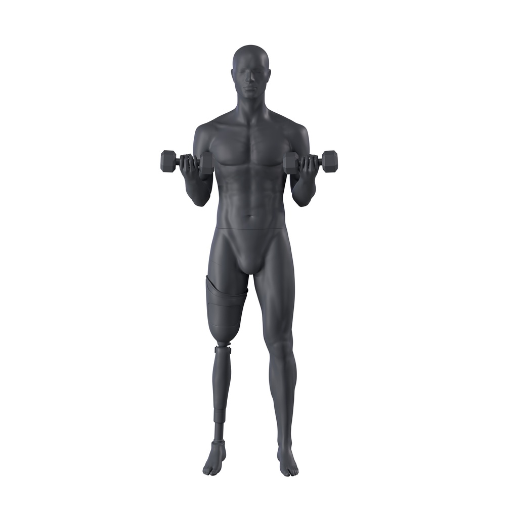 BINK - Fitness heren mannequin met prothesebeen, grafiet grijs, gestilleerd hoofd, staande pose 419