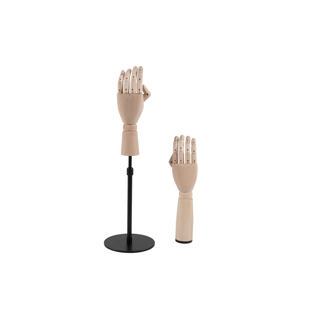 BINK - Duo de mains féminines en bois : main droite autoportante, main gauche sur support réglable en métal noir