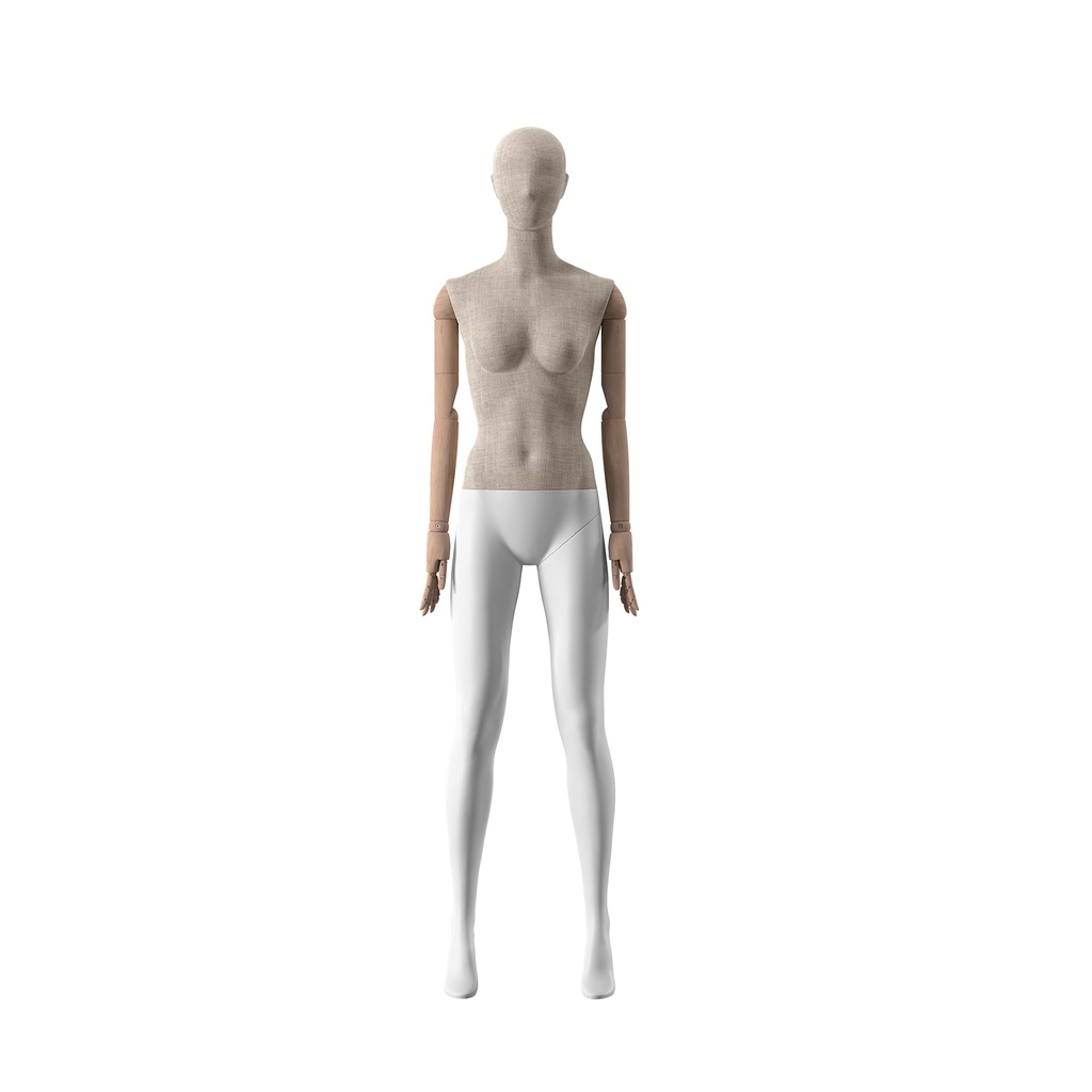 BINK - For rent, vintage mannequin, female, wooden arms, covered with fabric, standing pose 01
