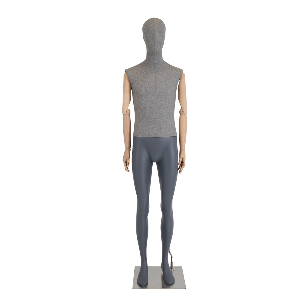 BINK - Male mannequin, covered in fabric, gray, with wooden arms, metal base
