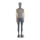Mannequin homme, recouvert de tissu, gris, bras en bois, socle en métal