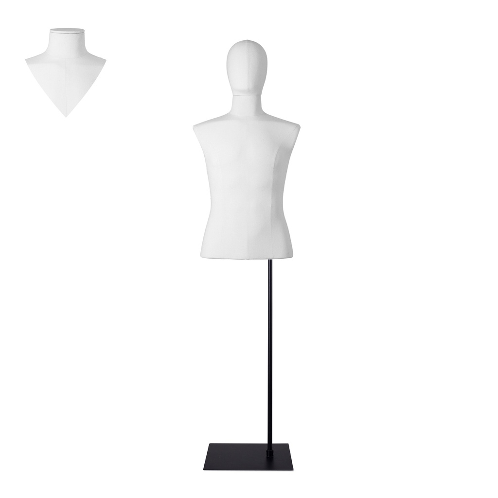 BINK - Te huur, herenbuste couture tot aan de taille, wit - maat M-L, op een zwarte standaard
