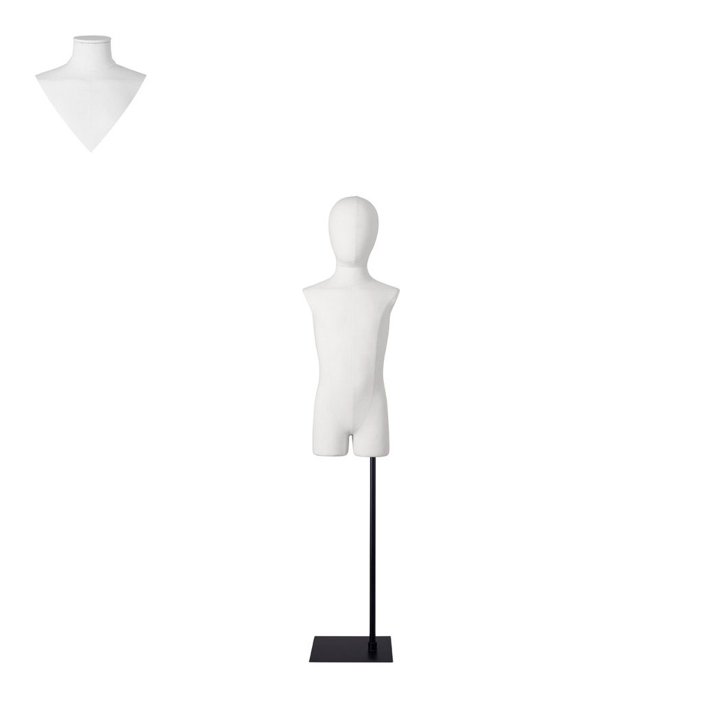 BINK - Te huur, kindertorso couture met benen, wit – 4 jaar, op een zwarte standaard 