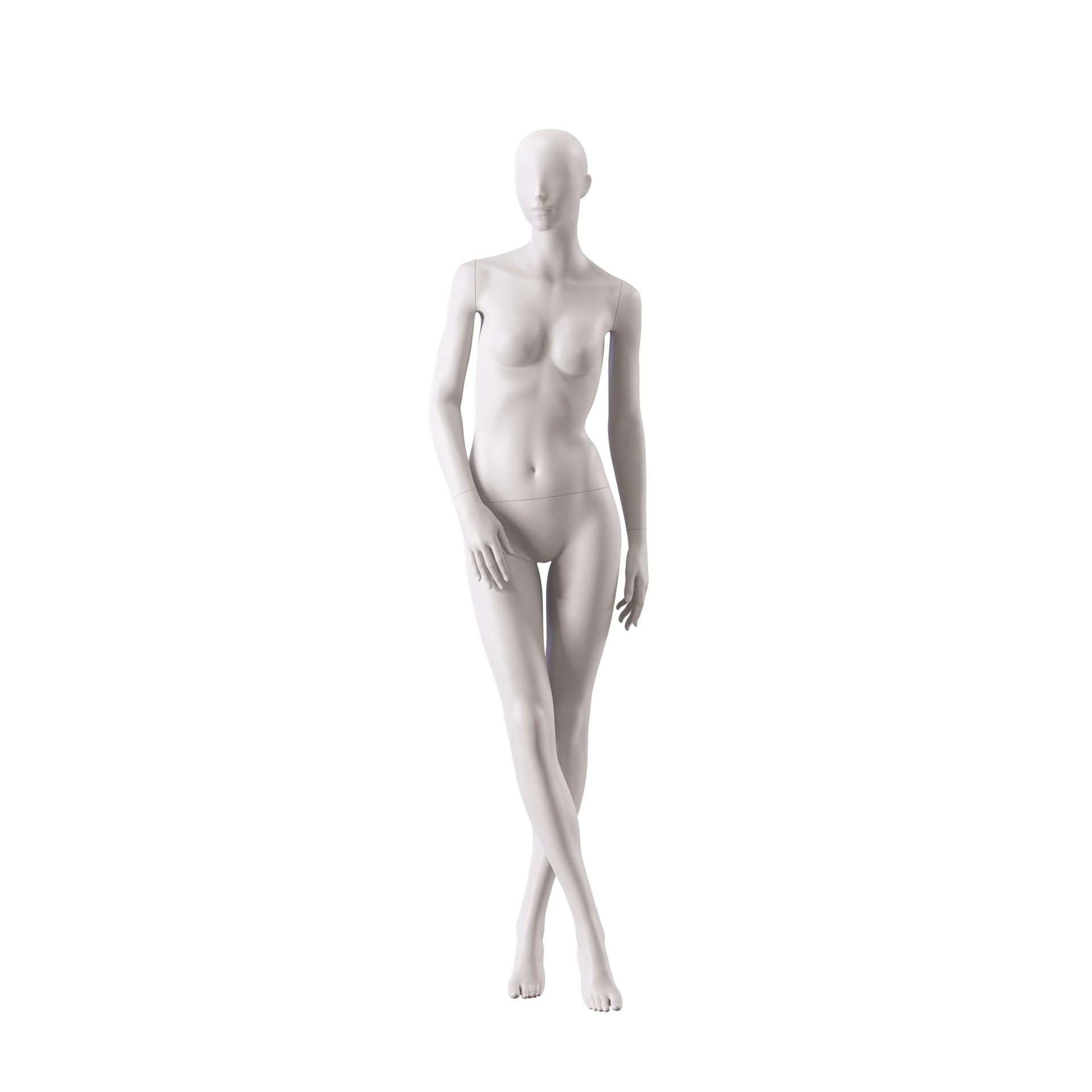 BINK - Basic female window mannequin, semi-abstract head, round tempered glass base, soft clay matt, pose 001