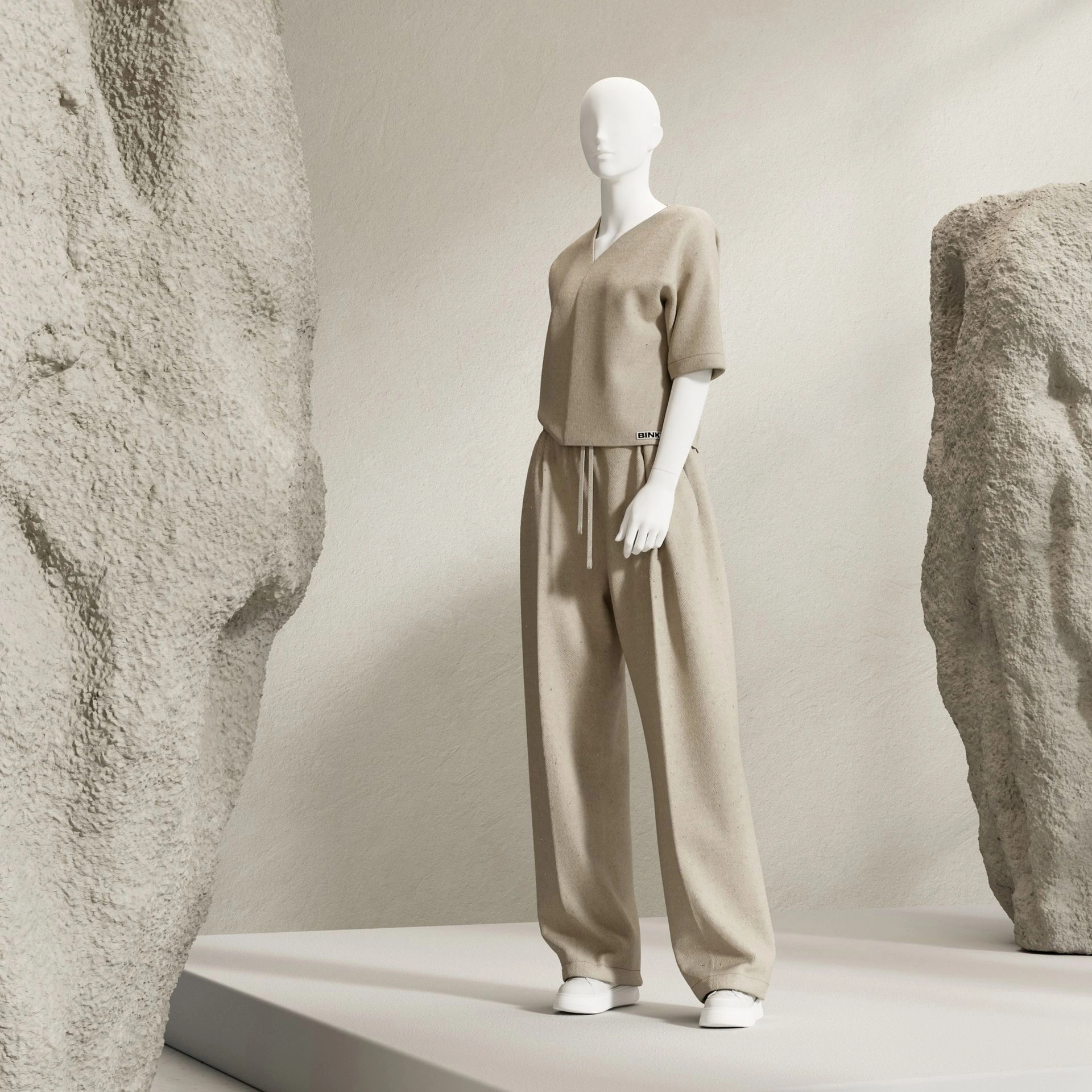 BINK - Mannequin de vitrine femme, avec tête semi-abstraite, socle rond en verre, soft clay matt, pose 003