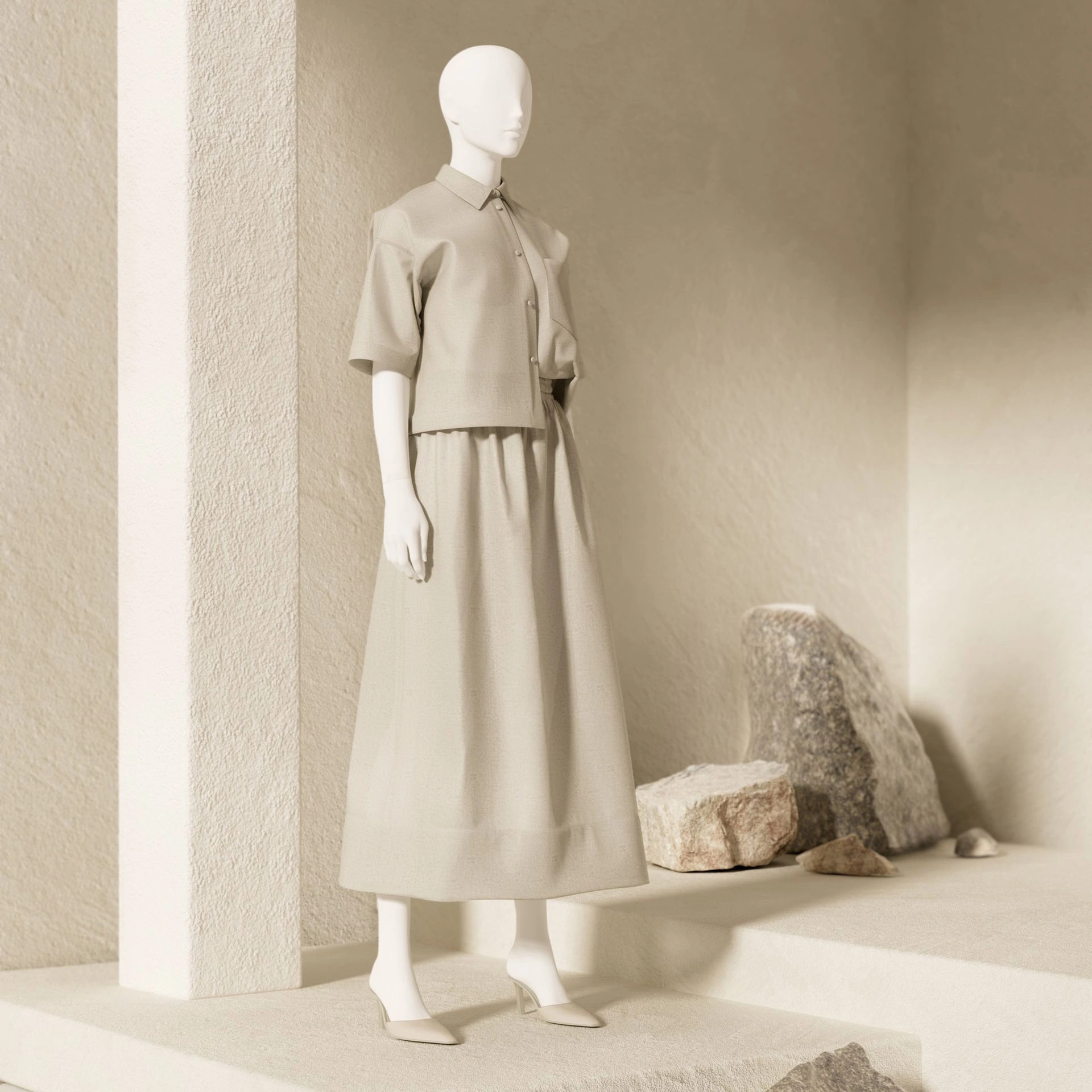 BINK - Mannequin de vitrine femme, avec tête semi-abstraite, socle rond en verre, soft clay matt, pose 005