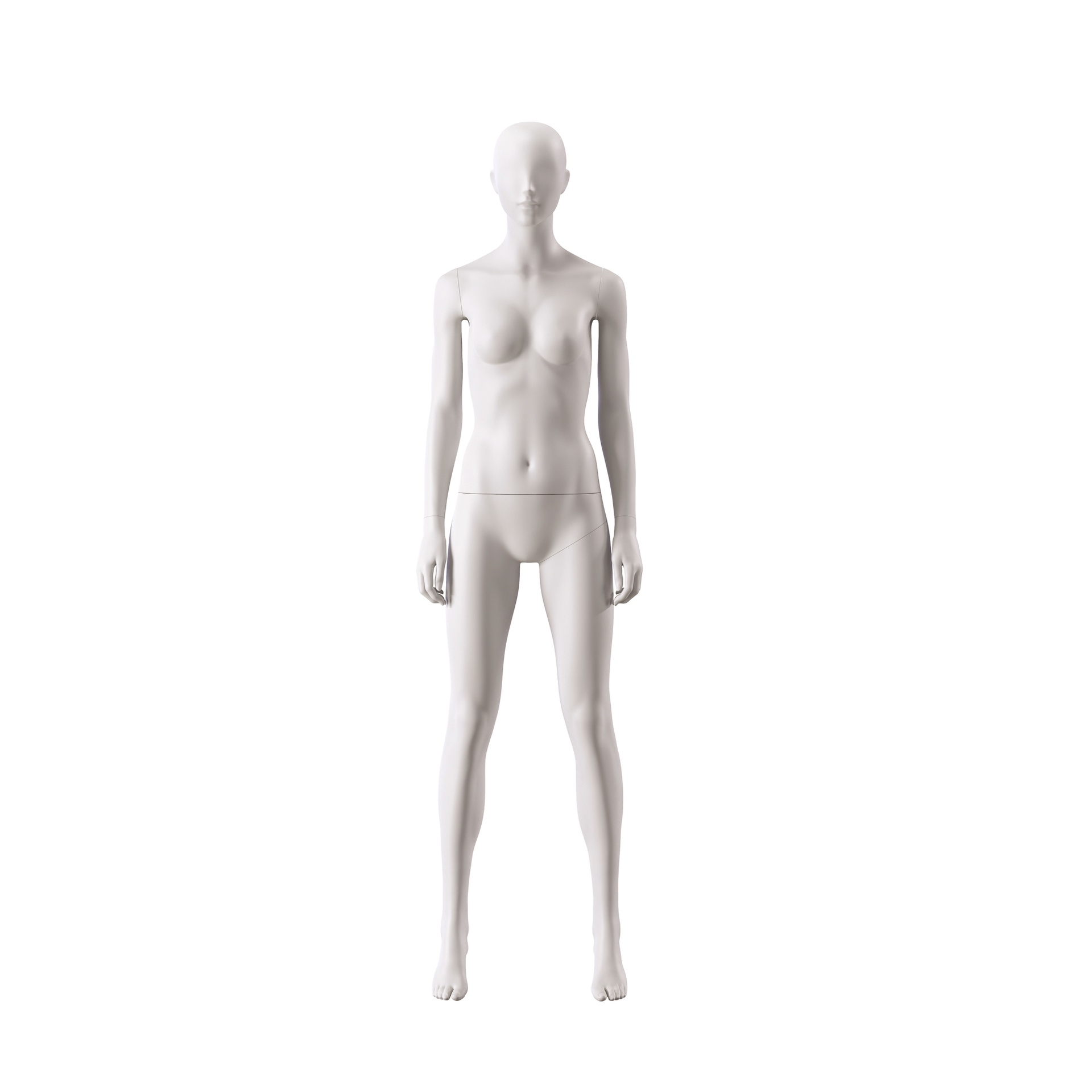 BINK - Mannequin de vitrine femme, avec tête semi-abstraite, socle rond en verre, soft clay matt, pose 005