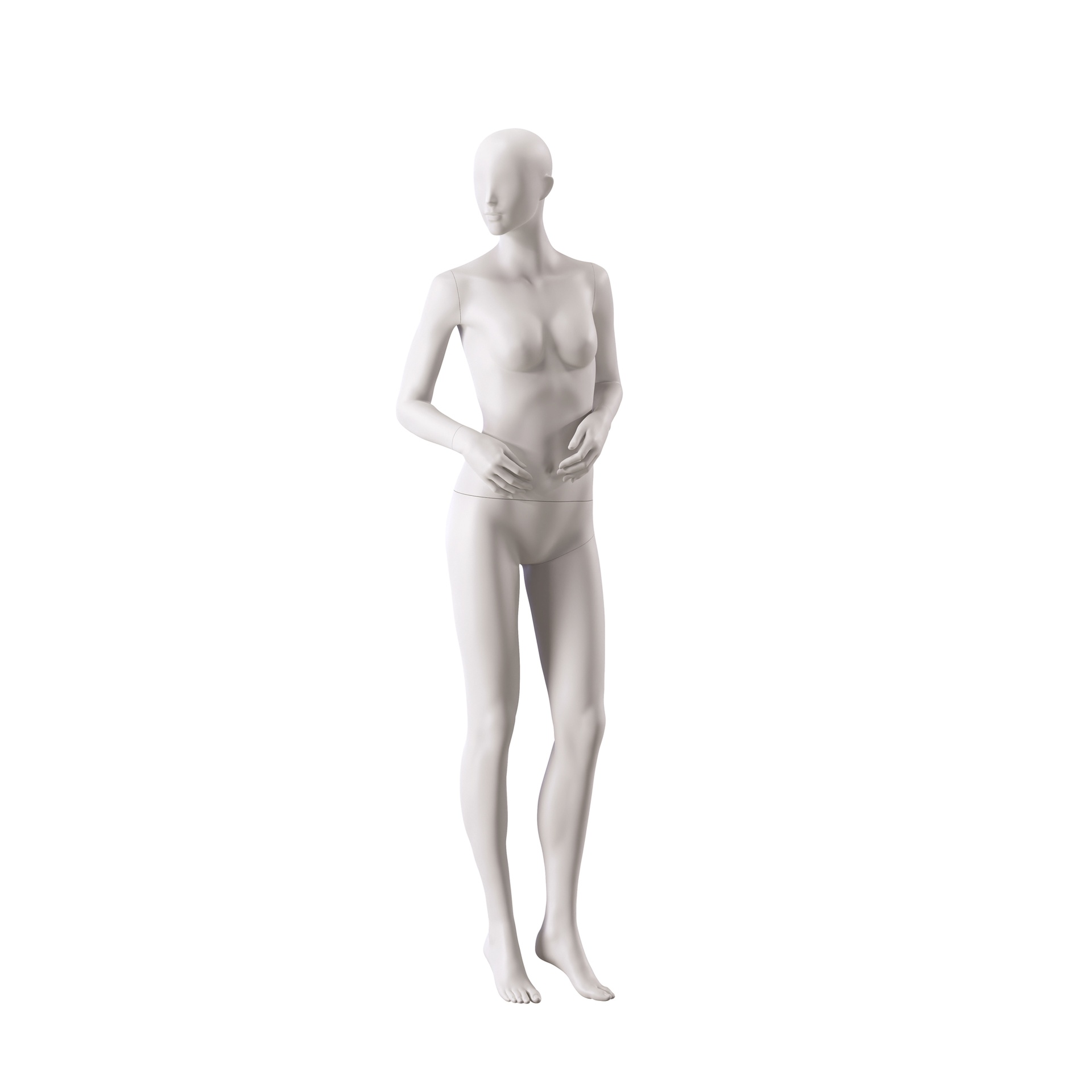 BINK - Mannequin de vitrine femme, avec tête semi-abstraite, socle rond en verre, soft clay matt, pose 006