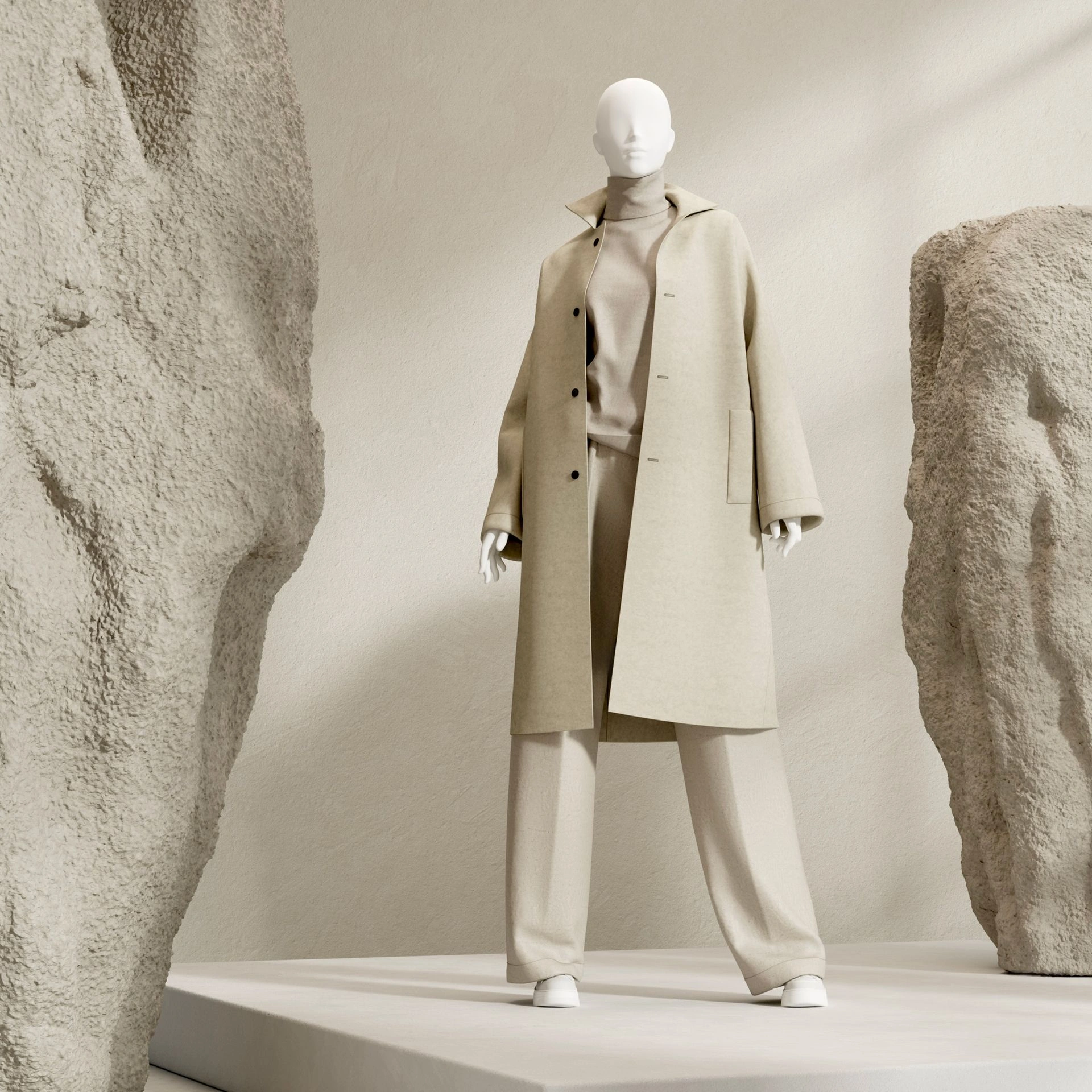 BINK - Mannequin de vitrine femme, avec tête semi-abstraite, socle rond en verre, soft clay matt, pose 008