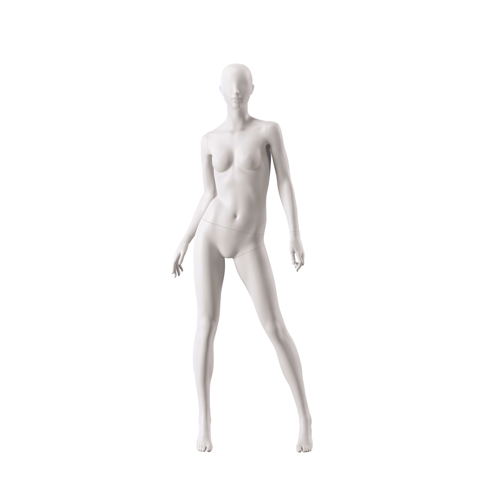 BINK - Mannequin de vitrine femme, avec tête semi-abstraite, socle rond en verre, soft clay matt, pose 008