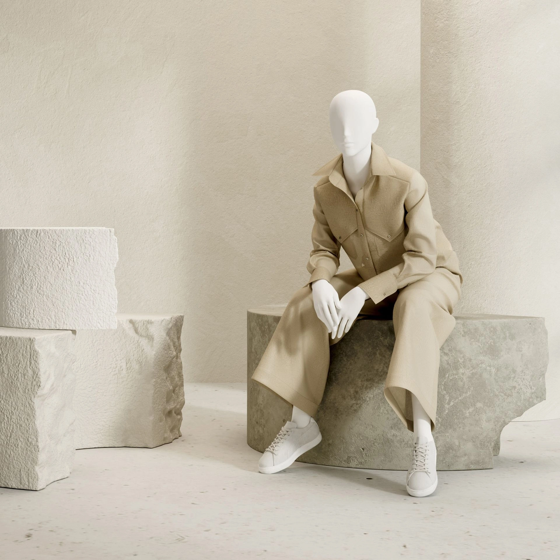 Dames etalage mannequin, met semi abstract hoofd, glazen ronde voetplaat, soft clay mat, pose 010