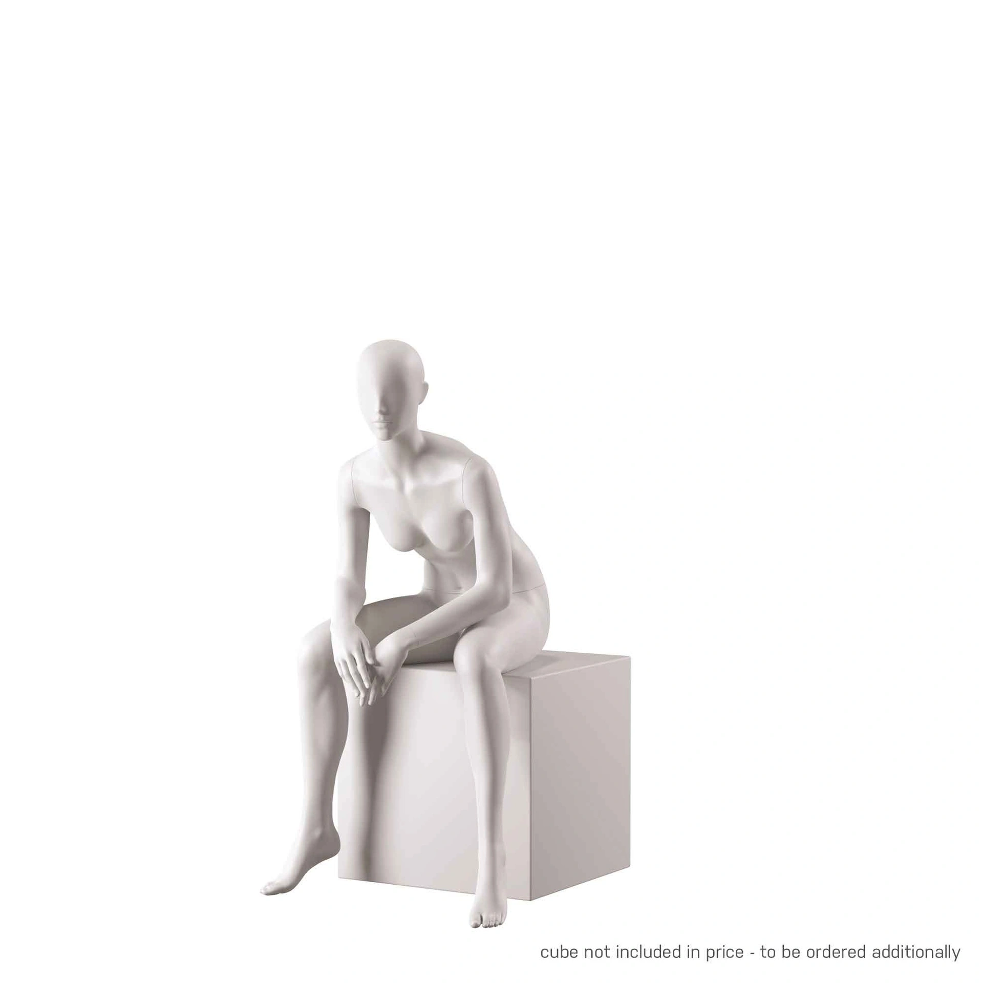BINK - Mannequin de vitrine femme, avec tête semi-abstraite, socle rond en verre, soft clay matt, pose 010
