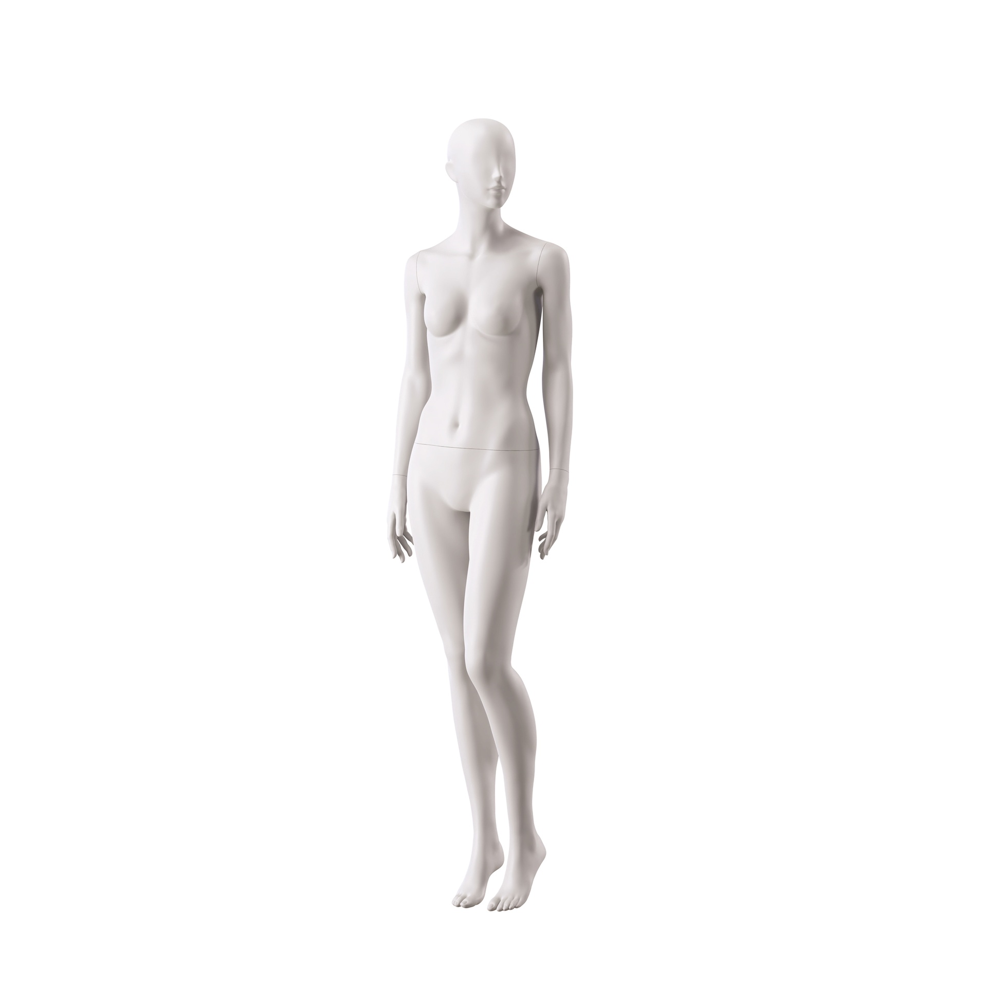 BINK - Mannequin de vitrine femme, avec tête semi-abstraite, socle rond en verre, soft clay matt, pose 015