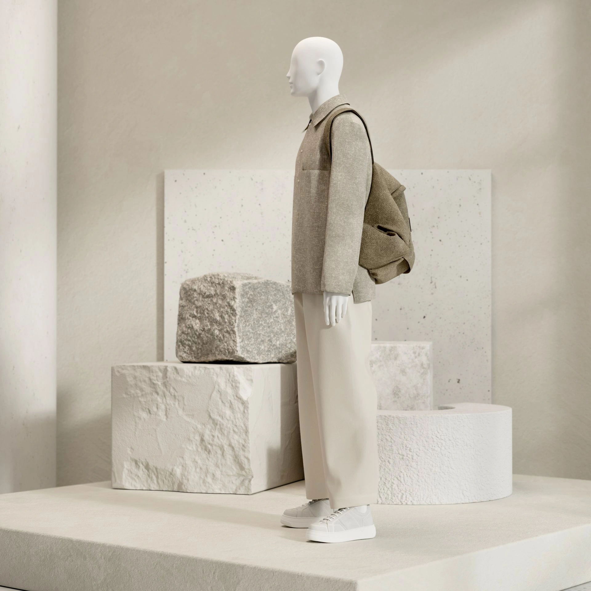 Basic male window mannequin, semi-abstract head, round tempered glass base, soft clay matt, pose 103