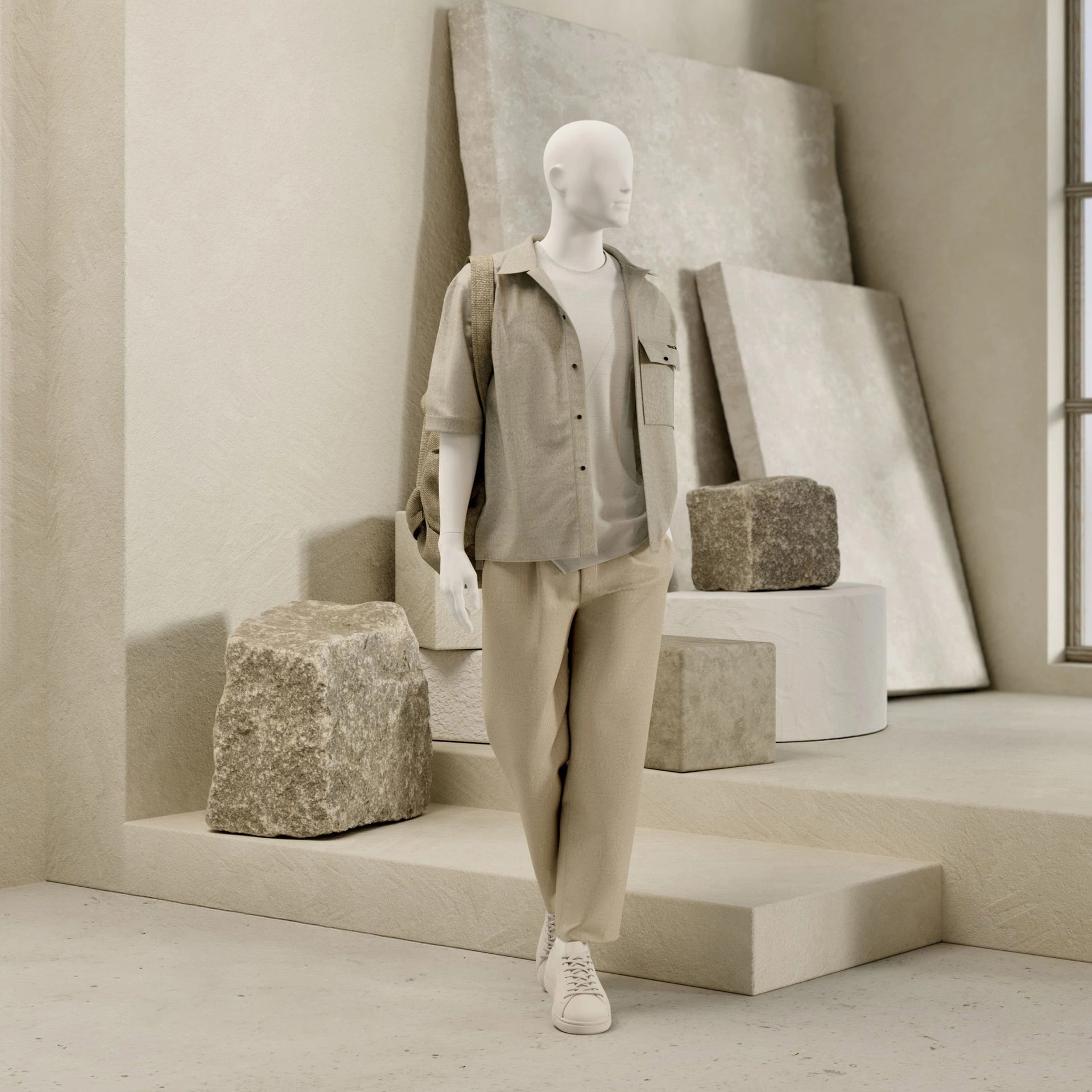 BINK - Mannequin de vitrine homme, avec tête semi-abstraite, socle rond en verre, soft clay matt, pose 105