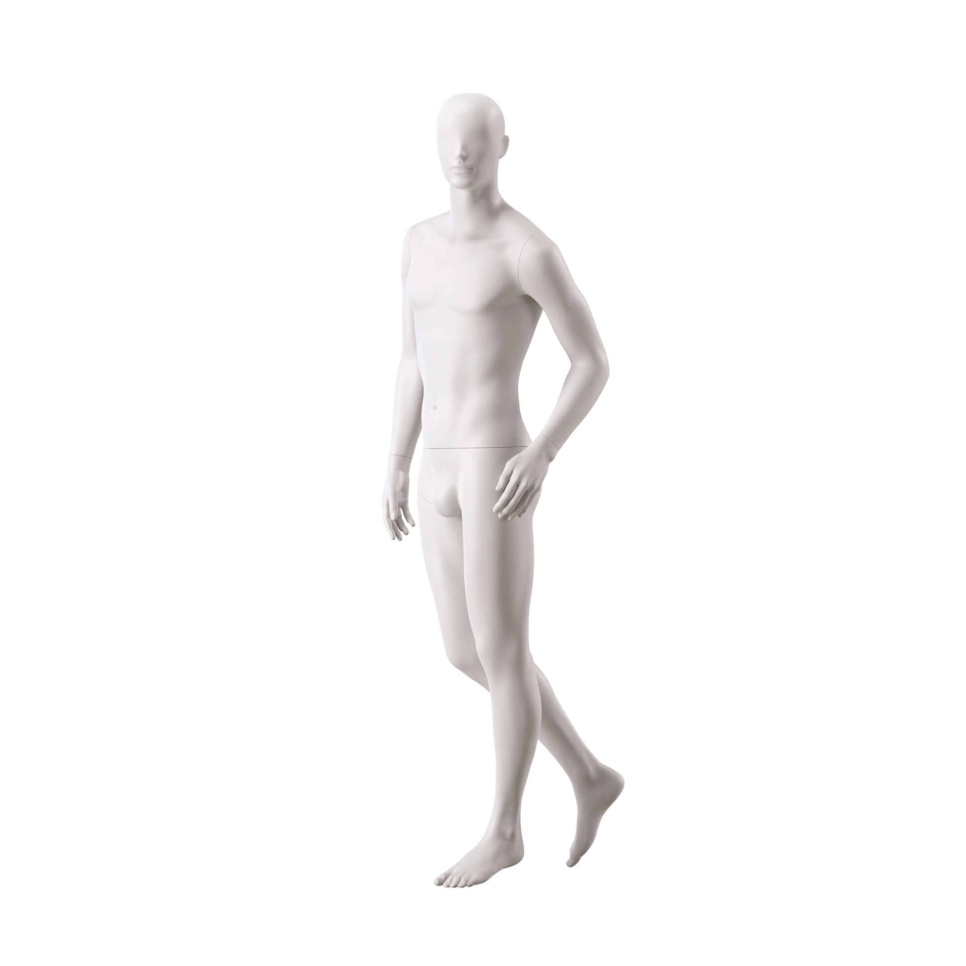 BINK - Mannequin de vitrine homme, avec tête semi-abstraite, socle rond en verre, soft clay matt, pose 105