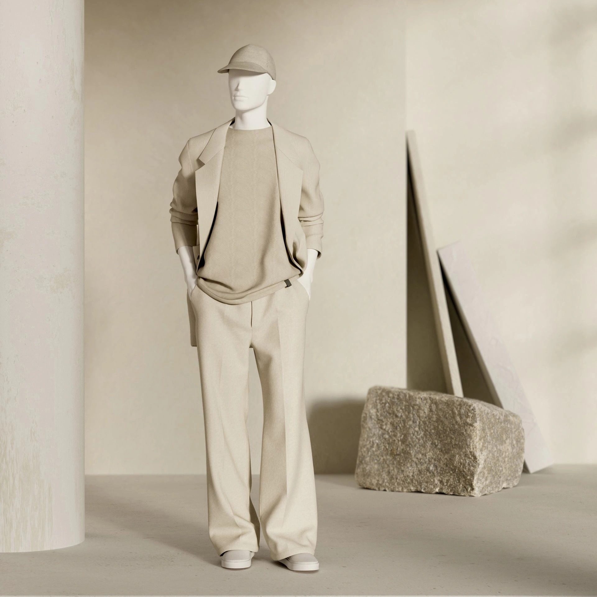 BINK - Mannequin de vitrine homme, avec tête semi-abstraite, socle rond en verre, soft clay matt, pose 106