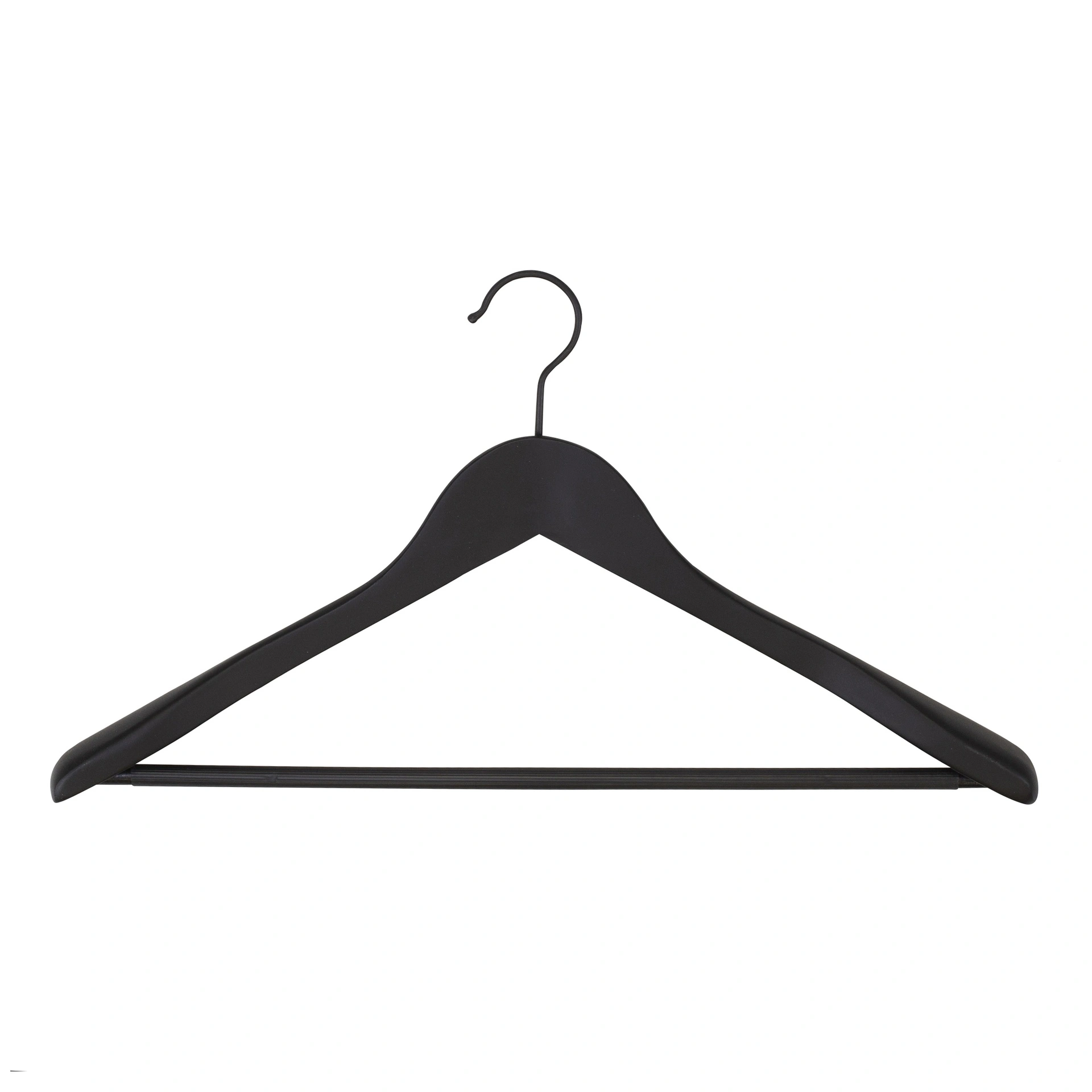 BINK - Percha negra de tacto suave para traje con barra para pantalones, 3 cm de ancho de hombros, 44 cm de ancho, gancho negro - caja de 50 unidades.