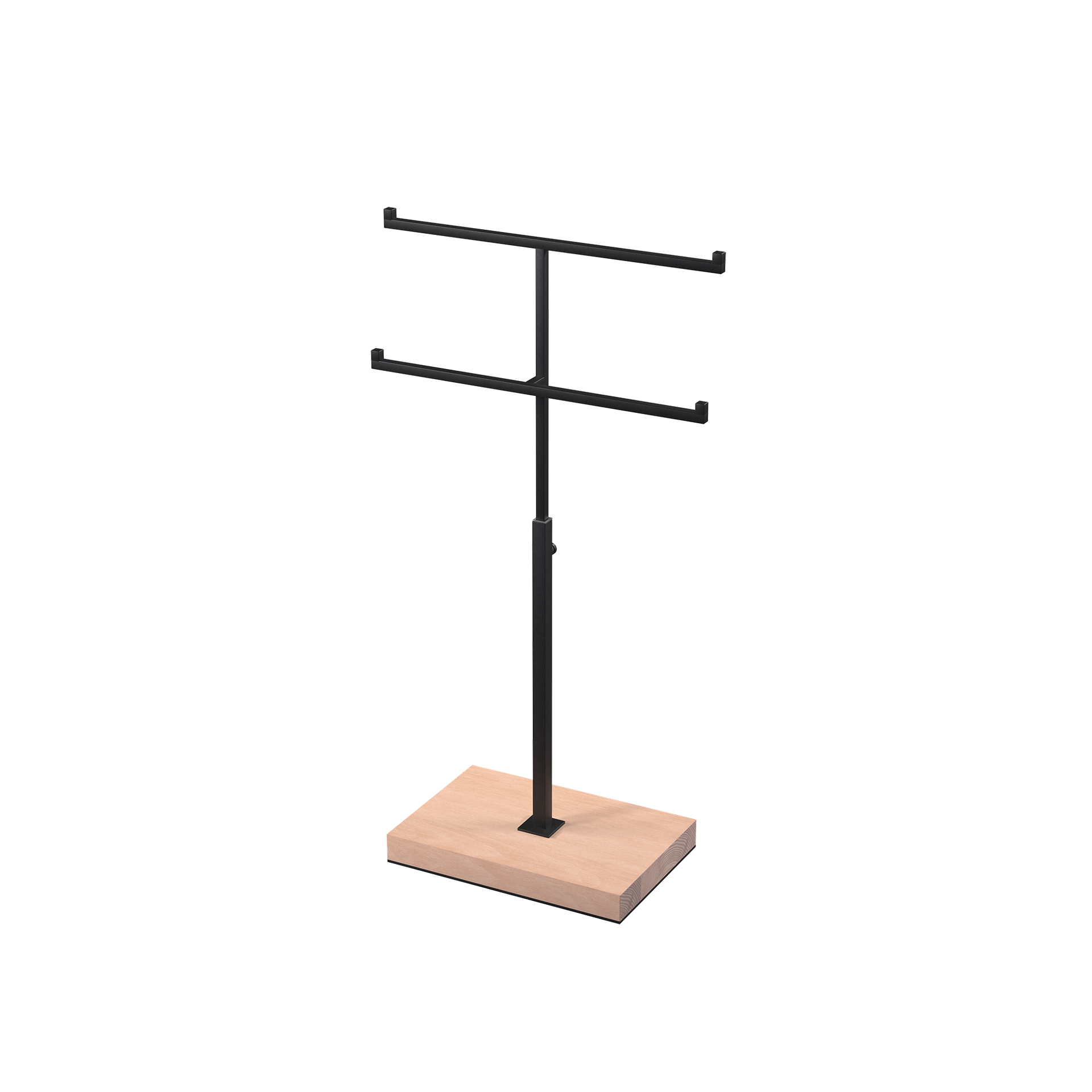 Double T-support, pour présentation de bijoux, en acier noir laqué avec pied en bois