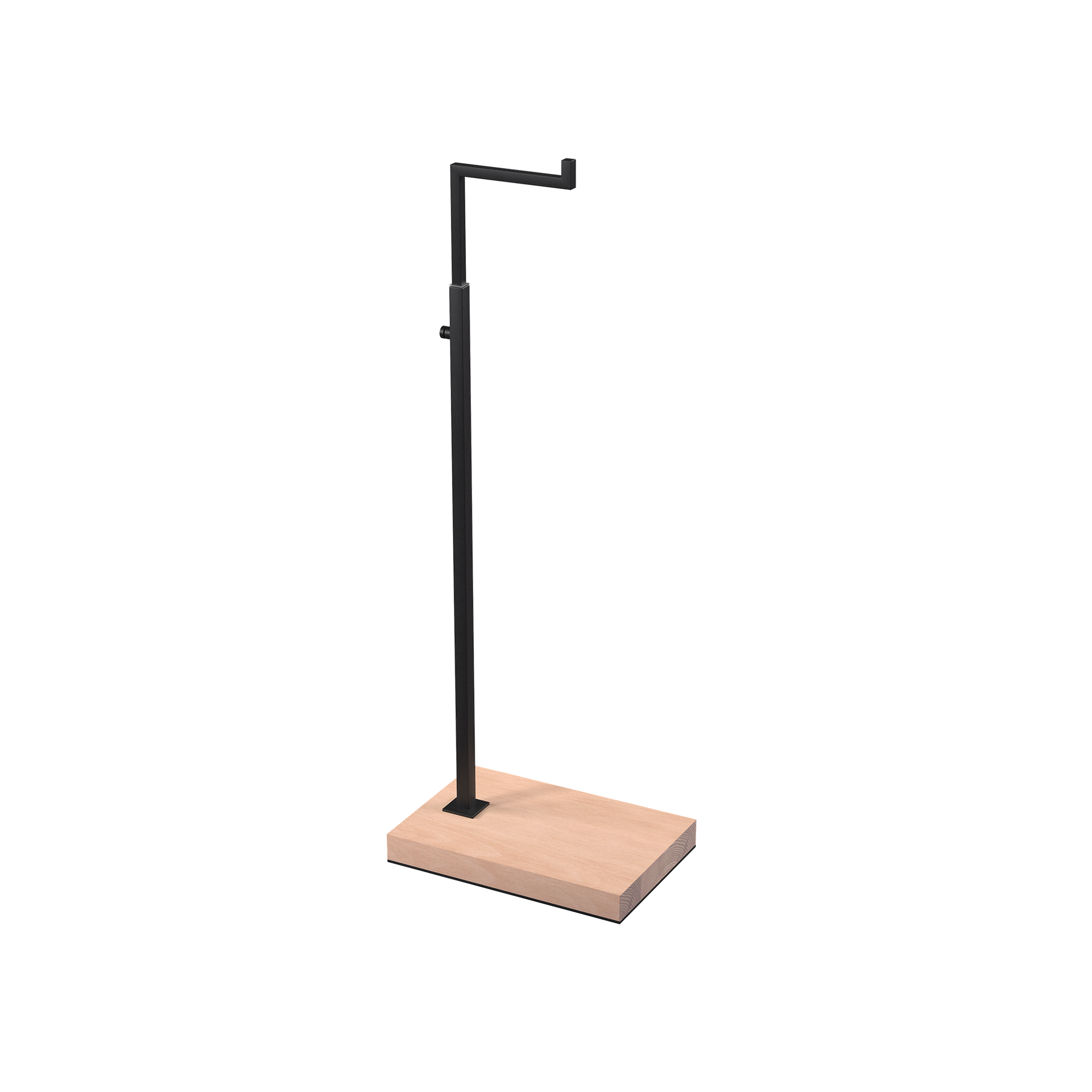 BINK - Support L ajustable, pour présentation de maroquinerie, sacs à main et accessoires de mode, en acier noir laqué avec pied en bois