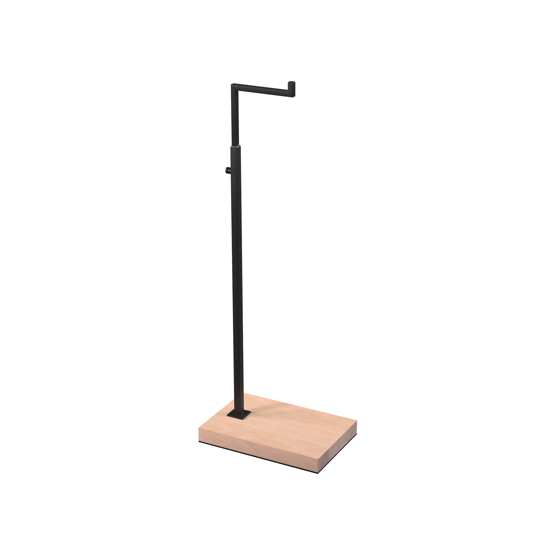 BINK - Verstelbare L staander, voor presentatie van lederwaren, handtassen en mode-accessoires,  zwart gepoederlakt staal met houten voet
