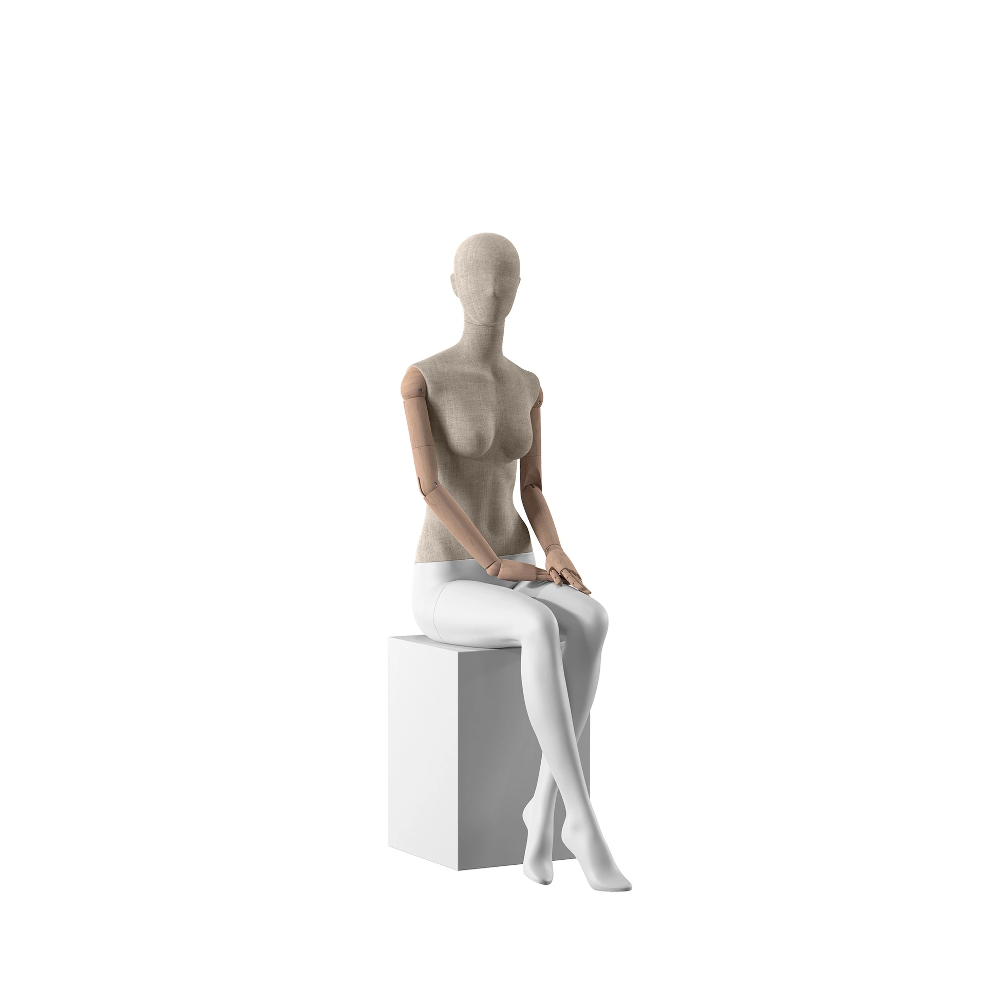 BINK - Mannequin vintage, femme, bras en bois, recouvert de tissu, pose assise 05