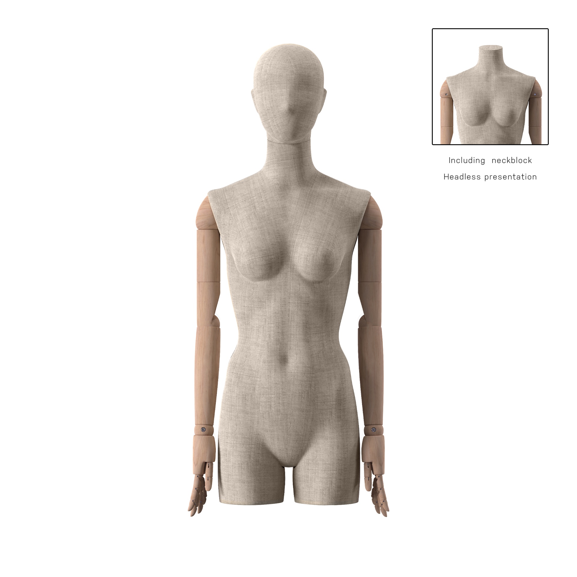 BINK - Mannequin vintage, femme, bras en bois, recouvert de tissu, buste avec jambes, pose 21