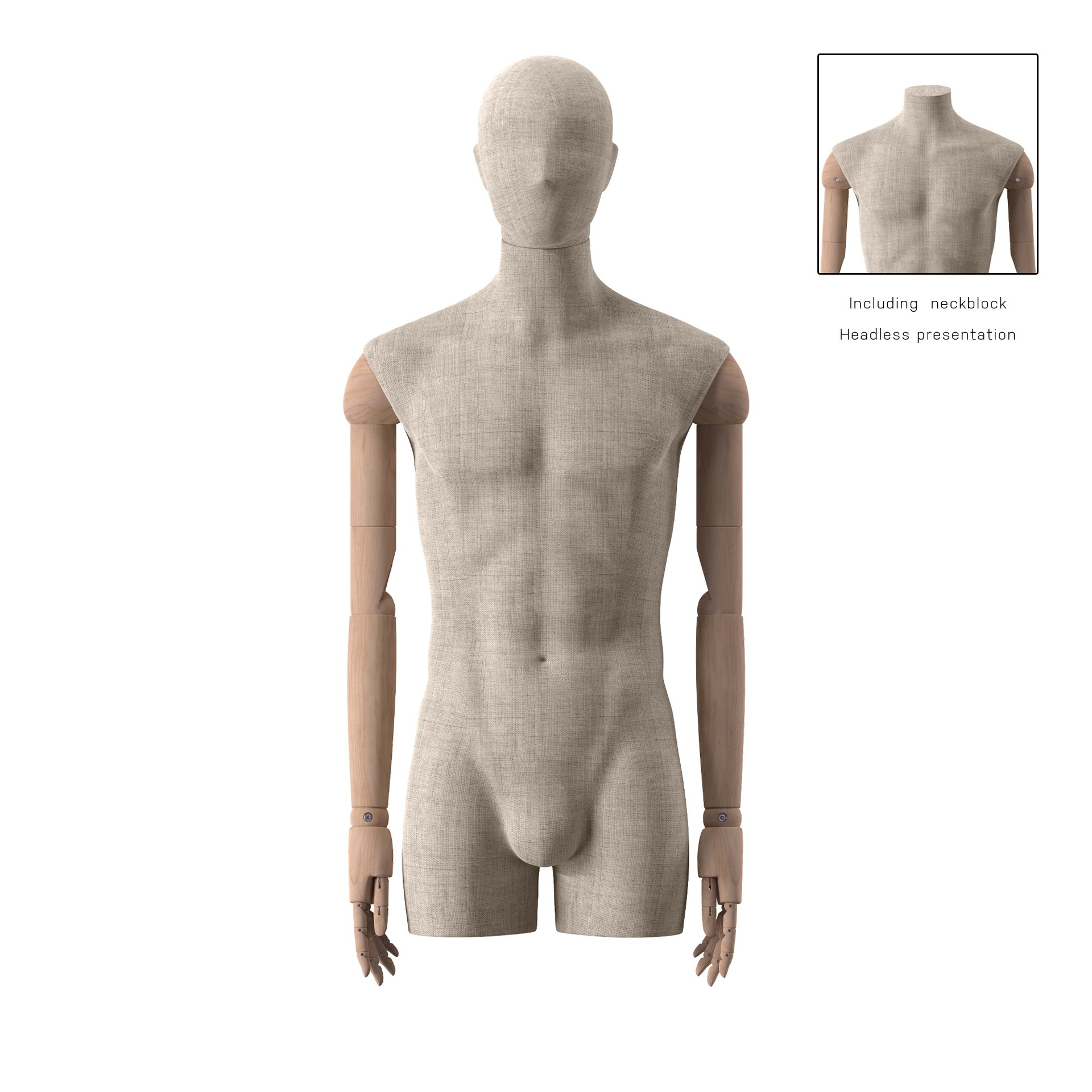 BINK - Mannequin vintage, homme, bras en bois, recouvert de tissu, buste avec jambes, pose 61