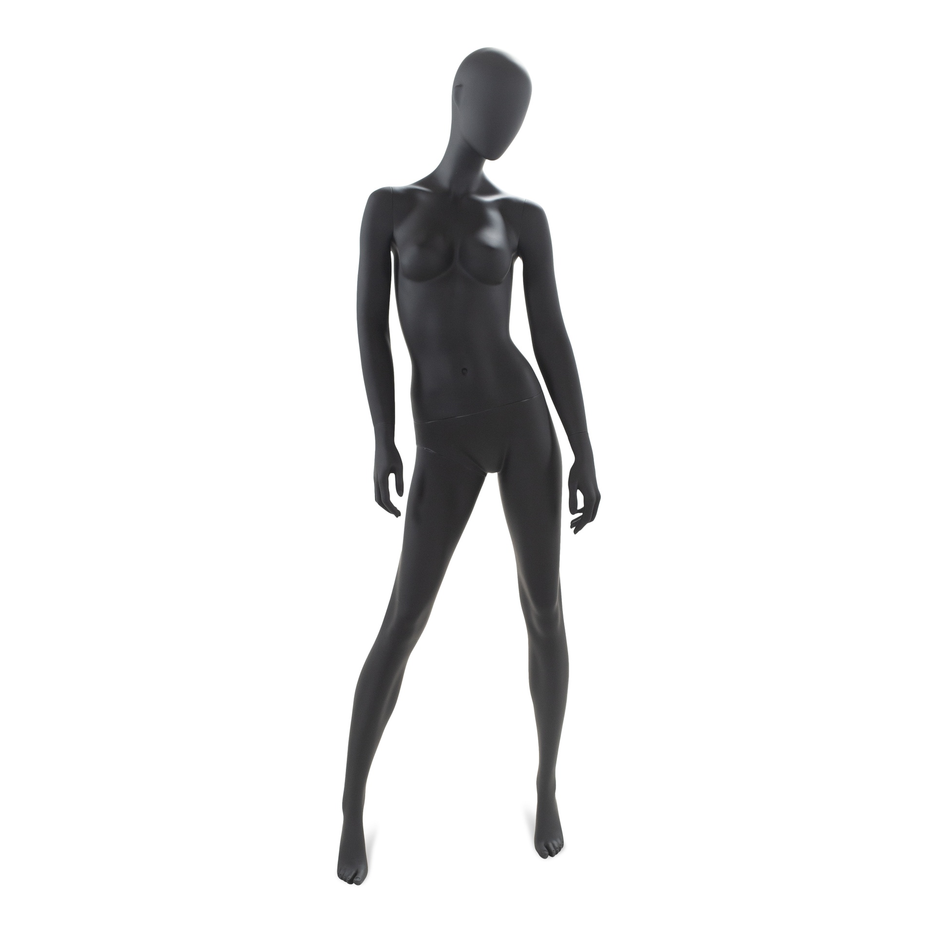 BINK - Schwarze Damen Schaufensterpuppe, mit abstraktem Kopf, runde Glasplatte, Pose 13