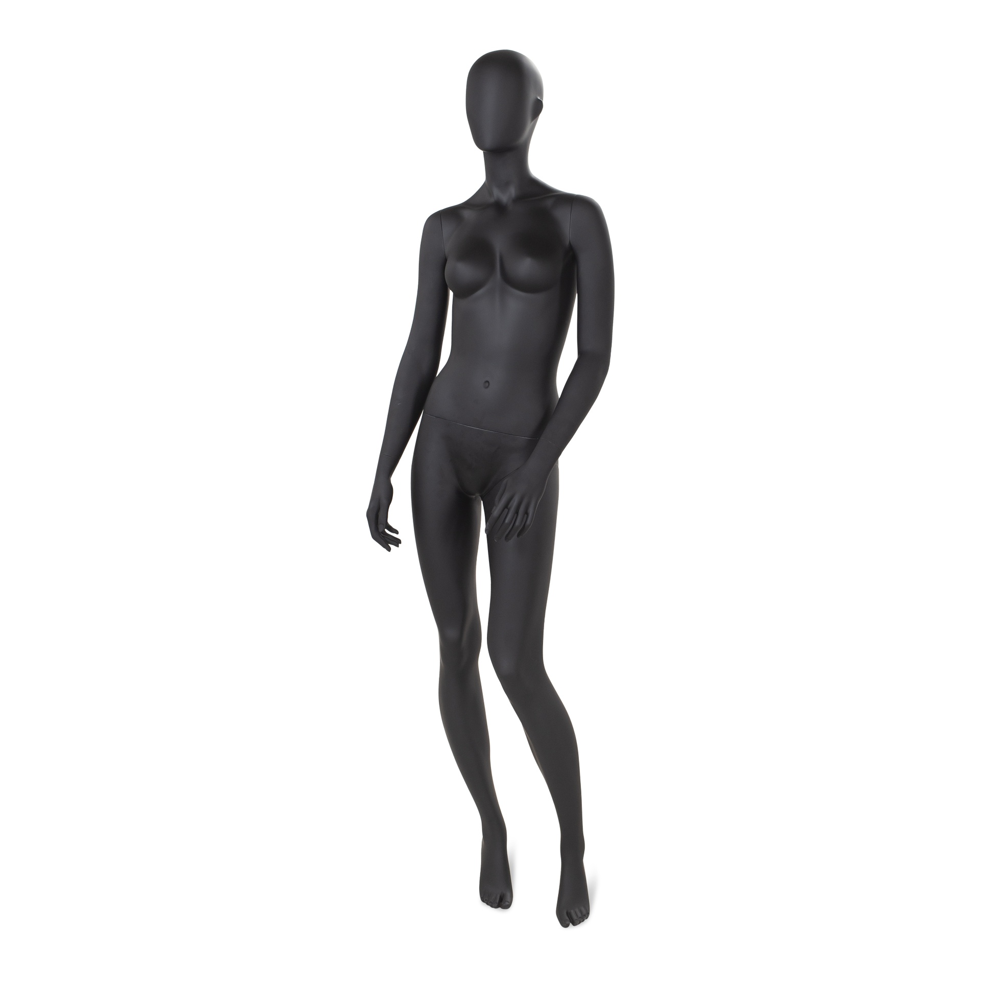 BINK - Schwarze Damen Schaufensterpuppe, mit abstraktem Kopf, runde Glasplatte, Pose 14