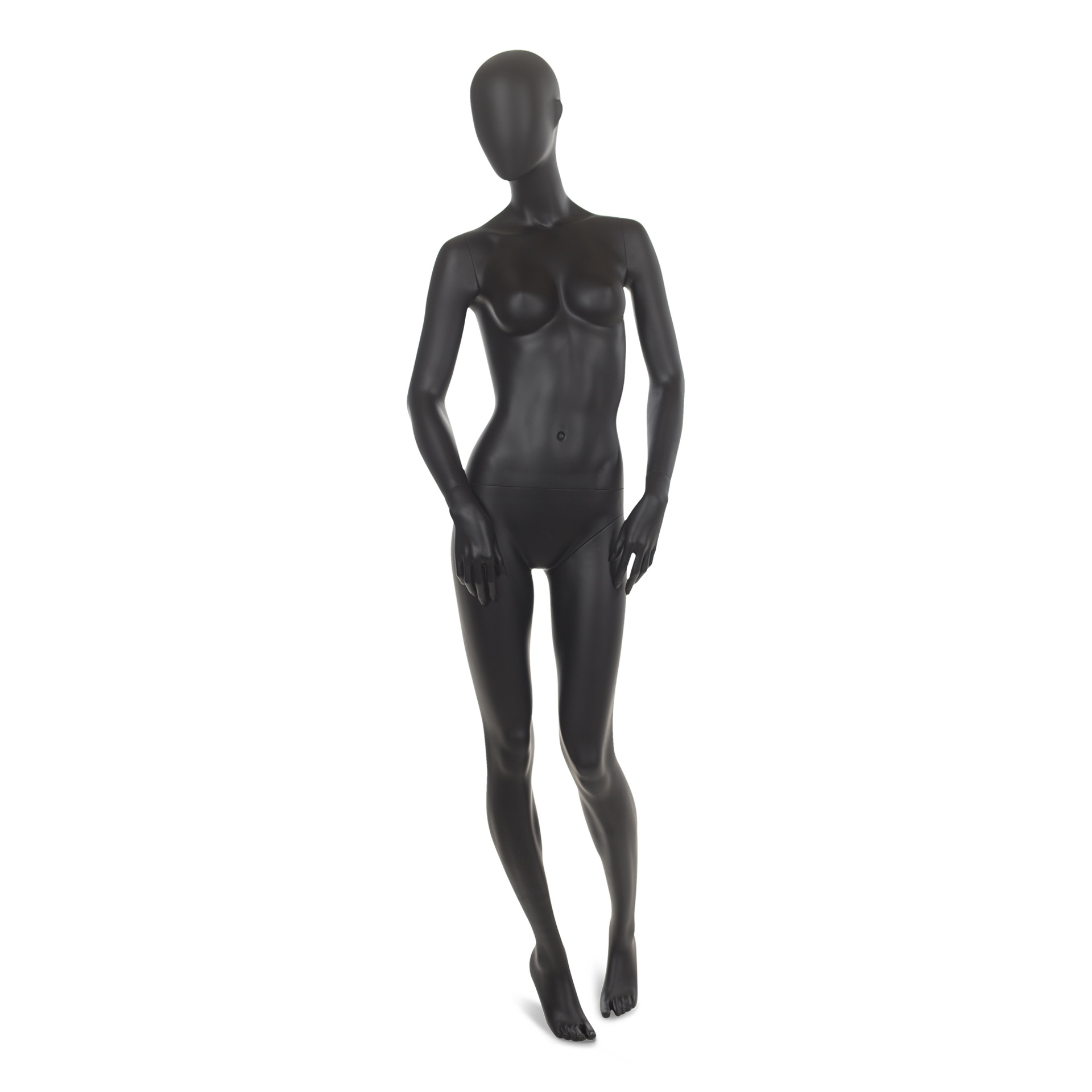 BINK - Schwarze Damen Schaufensterpuppe, mit abstraktem Kopf, runde Glasplatte, Pose 2