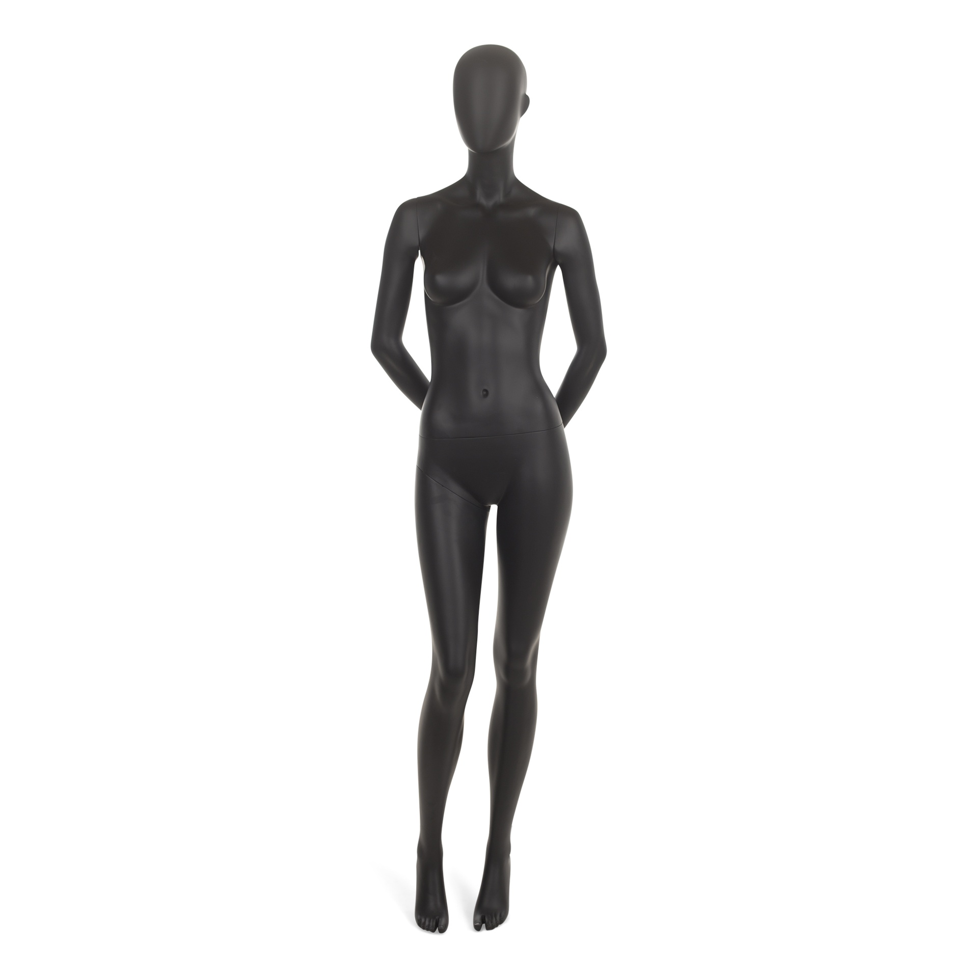 BINK - Schwarze Damen Schaufensterpuppe, mit abstraktem Kopf, runde Glasplatte, Pose 7