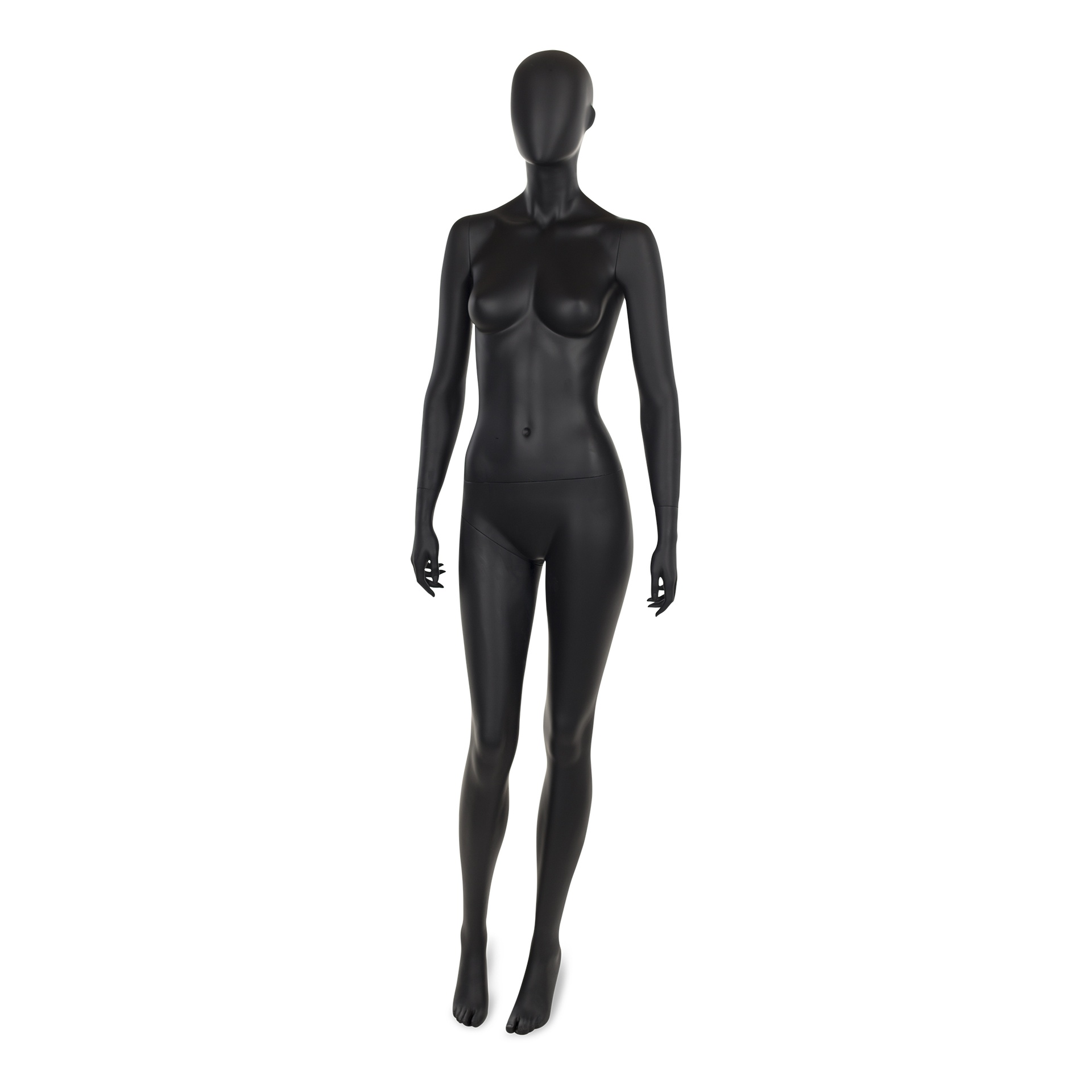 BINK - Schwarze Damen Schaufensterpuppe, mit abstraktem Kopf, runde Glasplatte, Pose 8
